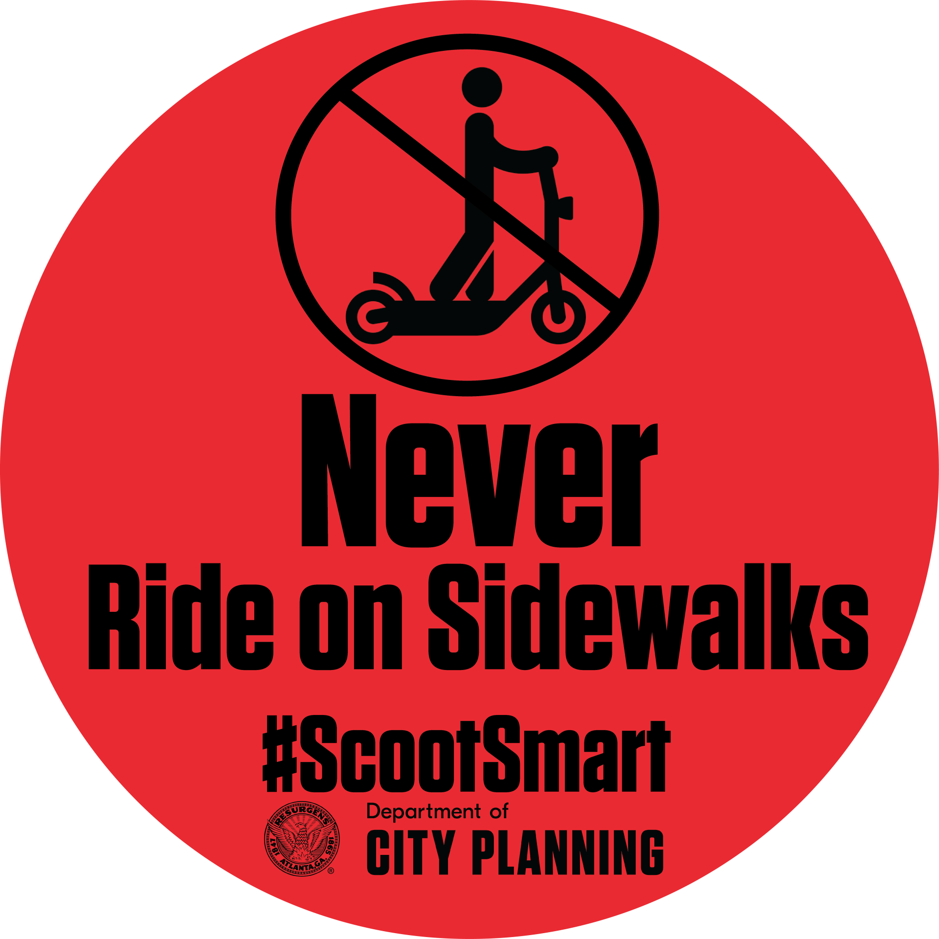 Red sticker showing scooter rider icon and text saying "Never Ride on Sidewalks".