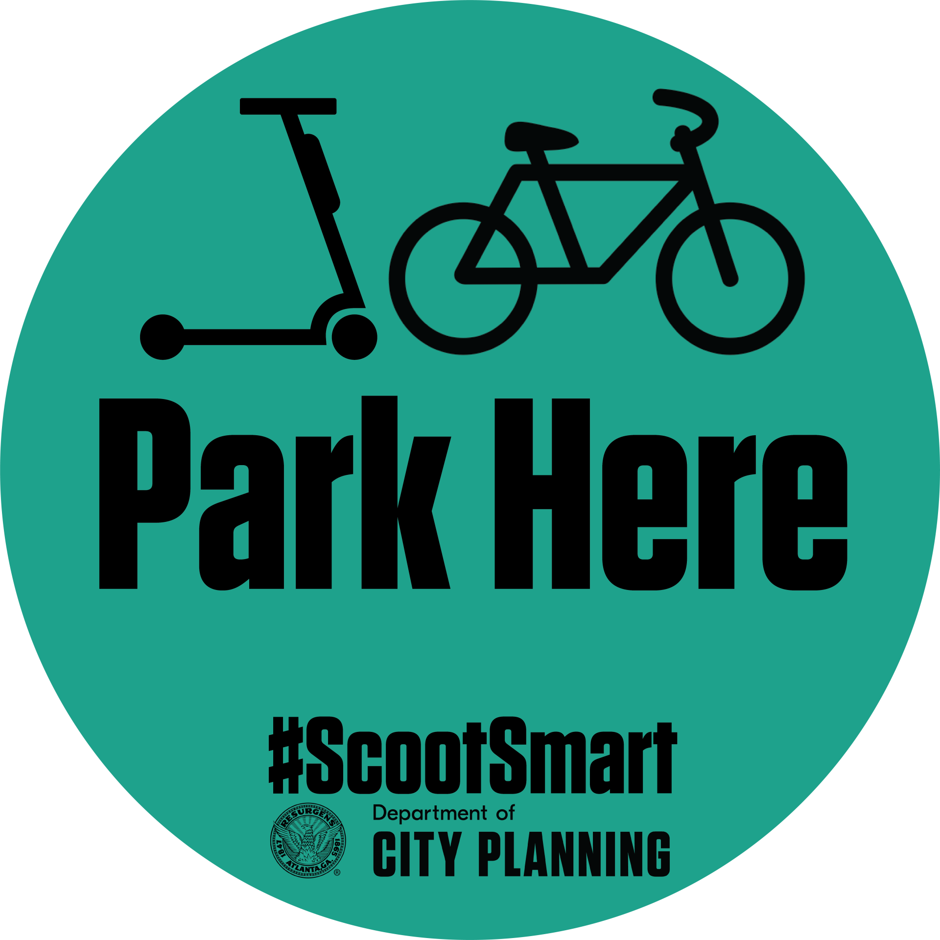 Green sticker showing bike and scooter icons and text saying "Park here".